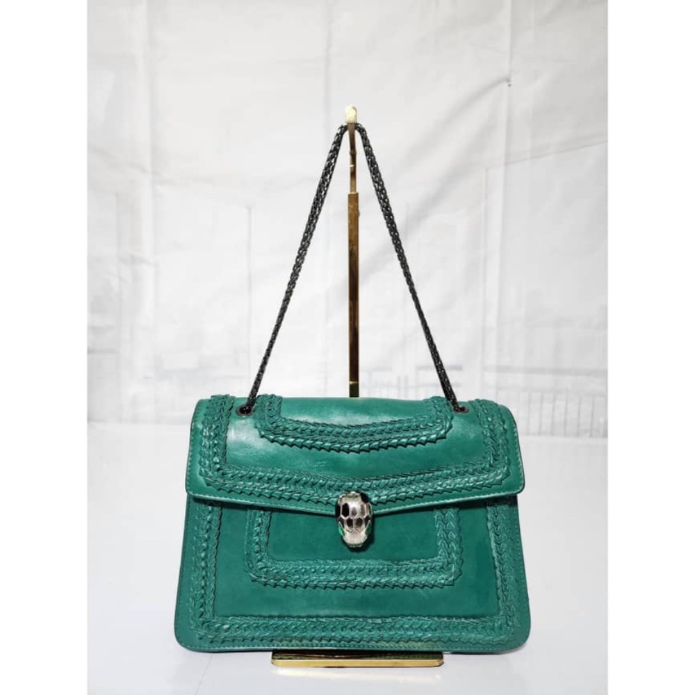 SOLD***Authentic BVLGARI Plissé Serpenti Forever Flap Bag Green - Picture 1 of 16